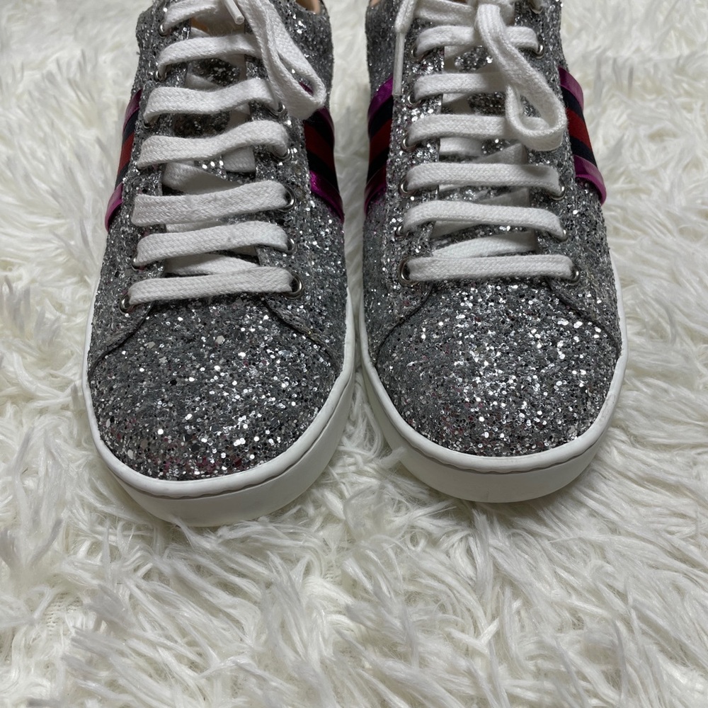 Gucci Silver Glitter Sneakers with Pink and Black Web - Picture 7 of 11